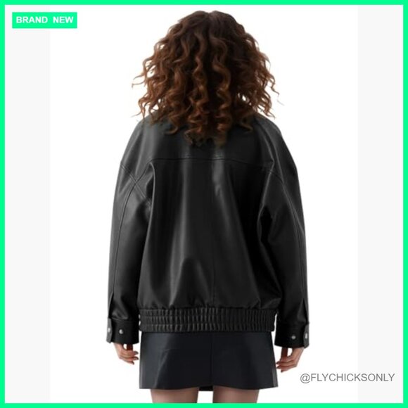 Oversized Faux Leather Motorcycle Jacket with Double Pockets - Picture 5 of 7
